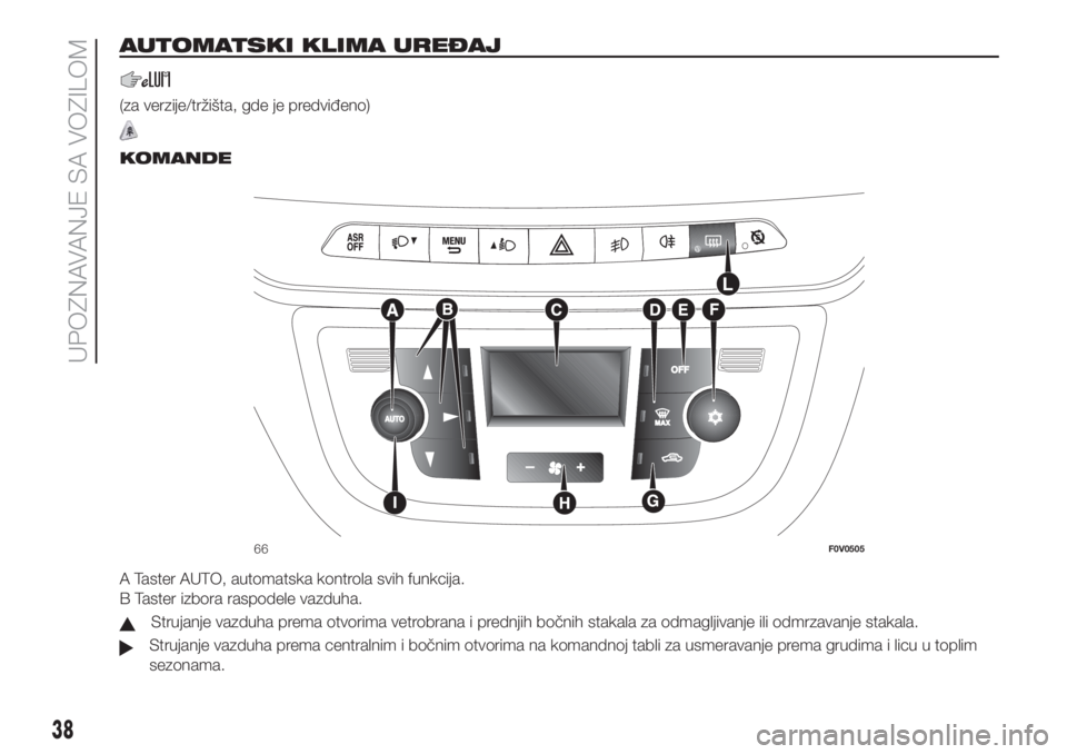 FIAT DOBLO PANORAMA 2018 Knjižica za upotrebu i održavanje (in Serbian) AUTOMATSKI KLIMA UREĐAJ
(za verzije/tržišta, gde je predviđeno)
.
KOMANDE
A Taster AUTO, automatska kontrola svih funkcija.
B Taster izbora raspodele vazduha.
Strujanje vazduha prema otvorima vetr FIAT DOBLO PANORAMA 2018 Knjižica za upotrebu i održavanje (in Serbian) AUTOMATSKI KLIMA UREĐAJ
(za verzije/tržišta, gde je predviđeno)
.
KOMANDE
A Taster AUTO, automatska kontrola svih funkcija.
B Taster izbora raspodele vazduha.
Strujanje vazduha prema otvorima vetr