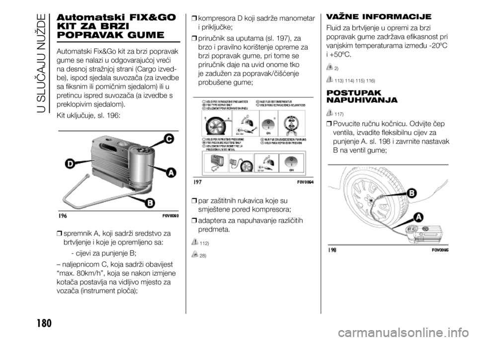 FIAT DOBLO PANORAMA 2021  Knjižica s uputama za uporabu i održavanje (in Croatian) 180
Automatski FIX&GO 
KIT ZA BRZI 
POPRAVAK GUME 
Automatski Fix&Go kit za brzi popravak 
gume se nalazi u odgovarajućoj vreći 
na desnoj stražnjoj strani (Cargo izved-
be), ispod sjedala suvozač