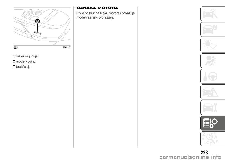 FIAT DOBLO PANORAMA 2021 Knjižica s uputama za uporabu i održavanje (in Croatian) 223
Oznaka uključuje:
❒ model vozila;
❒ broj šasije. OZNAKA MOTORA
On je otisnut na bloku motora i prikazuje
model i serijski broj šasije. FIAT DOBLO PANORAMA 2021 Knjižica s uputama za uporabu i održavanje (in Croatian) 223
Oznaka uključuje:
❒ model vozila;
❒ broj šasije. OZNAKA MOTORA
On je otisnut na bloku motora i prikazuje
model i serijski broj šasije.