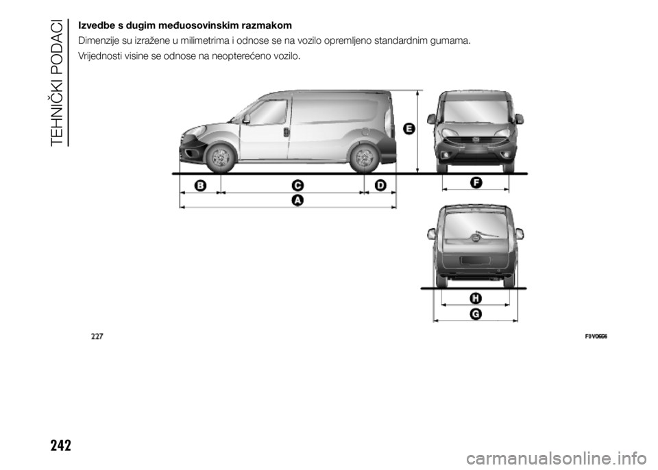 FIAT DOBLO PANORAMA 2021  Knjižica s uputama za uporabu i održavanje (in Croatian) 242
Izvedbe s dugim međuosovinskim razmakom
Dimenzije su izražene u milimetrima i odnose se na vozilo opremljeno standardnim gumama.
Vrijednosti visine se odnose na neopterećeno vozilo.
TEHNI6KI P