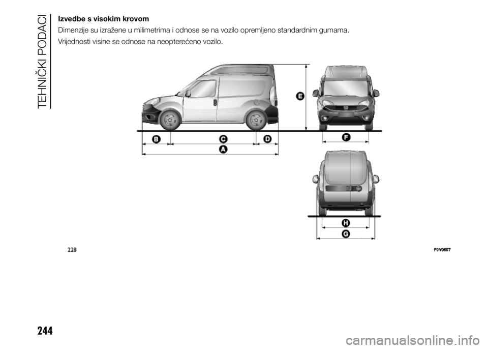FIAT DOBLO PANORAMA 2021  Knjižica s uputama za uporabu i održavanje (in Croatian) 244
Izvedbe s visokim krovom
Dimenzije su izražene u milimetrima i odnose se na vozilo opremljeno standardnim gumama.
Vrijednosti visine se odnose na neopterećeno vozilo.
TEHNIČKI PODACI  