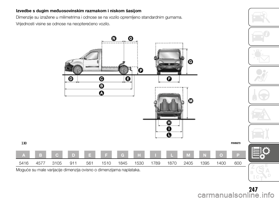FIAT DOBLO PANORAMA 2021  Knjižica s uputama za uporabu i održavanje (in Croatian) 247
Izvedbe s dugim međuosovinskim razmakom i niskom šasijom
Dimenzije su izražene u milimetrima i odnose se na vozilo opremljeno standardnim gumama.
Vrijednosti visine se odnose na neopterećeno v