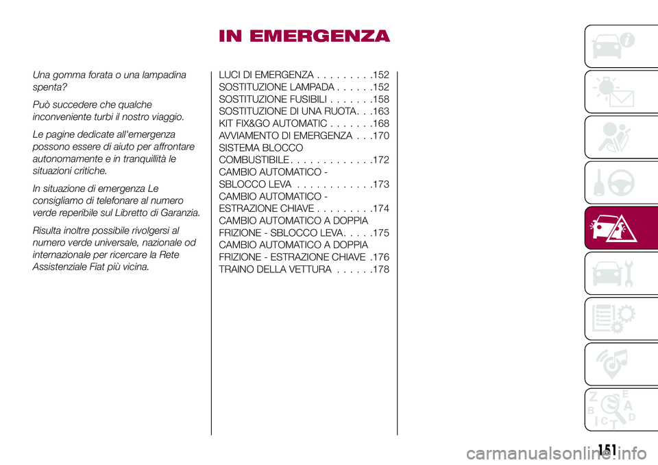 FIAT 500X 2017 Libretto Uso Manutenzione (in Italian) IN EMERGENZA
Una gomma forata o una lampadina
spenta?
Può succedere che qualche
inconveniente turbi il nostro viaggio.
Le pagine dedicate all'emergenza
possono essere di aiuto per affrontare
auto FIAT 500X 2017 Libretto Uso Manutenzione (in Italian) IN EMERGENZA
Una gomma forata o una lampadina
spenta?
Può succedere che qualche
inconveniente turbi il nostro viaggio.
Le pagine dedicate all'emergenza
possono essere di aiuto per affrontare
auto