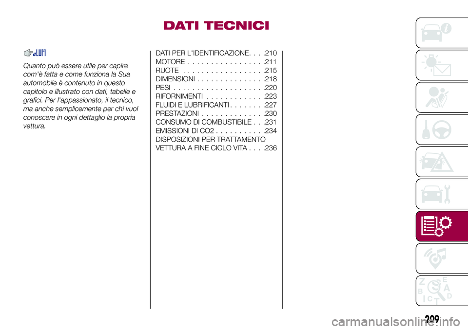 FIAT 500X 2017  Libretto Uso Manutenzione (in Italian) DATI TECNICI
Quanto può essere utile per capire
com'è fatta e come funziona la Sua
automobile è contenuto in questo
capitolo e illustrato con dati, tabelle e
grafici. Per l'appassionato, il