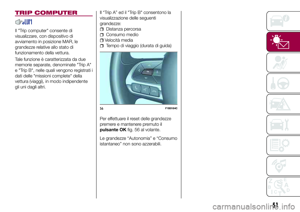 FIAT 500X 2017 Libretto Uso Manutenzione (in Italian) TRIP COMPUTER
Il "Trip computer" consente di
visualizzare, con dispositivo di
avviamento in posizione MAR, le
grandezze relative allo stato di
funzionamento della vettura.
Tale funzione è car FIAT 500X 2017 Libretto Uso Manutenzione (in Italian) TRIP COMPUTER
Il "Trip computer" consente di
visualizzare, con dispositivo di
avviamento in posizione MAR, le
grandezze relative allo stato di
funzionamento della vettura.
Tale funzione è car