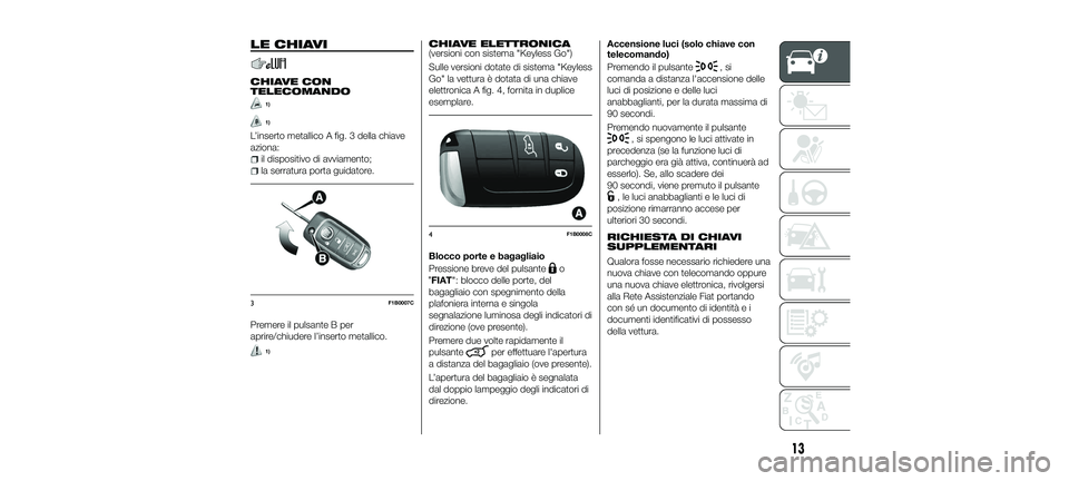FIAT 500X 2018 Libretto Uso Manutenzione (in Italian) LE CHIAVI
CHIAVE CON
TELECOMANDO
1)
1)
L’inserto metallico A fig. 3 della chiave
aziona:
il dispositivo di avviamento;
la serratura porta guidatore.
Premere il pulsante B per
aprire/chiudere l’ins FIAT 500X 2018 Libretto Uso Manutenzione (in Italian) LE CHIAVI
CHIAVE CON
TELECOMANDO
1)
1)
L’inserto metallico A fig. 3 della chiave
aziona:
il dispositivo di avviamento;
la serratura porta guidatore.
Premere il pulsante B per
aprire/chiudere l’ins