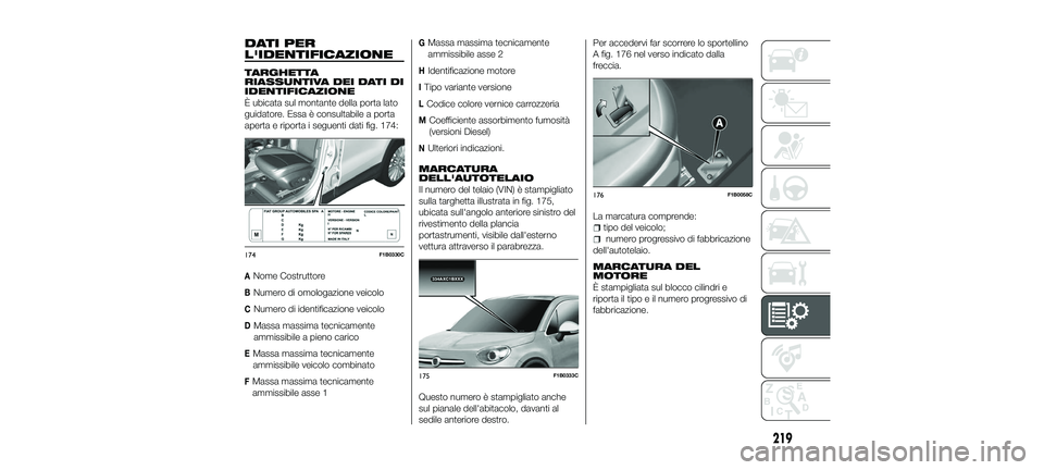 FIAT 500X 2018 Libretto Uso Manutenzione (in Italian) DATI PER
L'IDENTIFICAZIONE
TARGHETTA
RIASSUNTIVA DEI DATI DI
IDENTIFICAZIONE
È ubicata sul montante della porta lato
guidatore. Essa è consultabile a porta
aperta e riporta i seguenti dati fig. FIAT 500X 2018 Libretto Uso Manutenzione (in Italian) DATI PER
L'IDENTIFICAZIONE
TARGHETTA
RIASSUNTIVA DEI DATI DI
IDENTIFICAZIONE
È ubicata sul montante della porta lato
guidatore. Essa è consultabile a porta
aperta e riporta i seguenti dati fig.