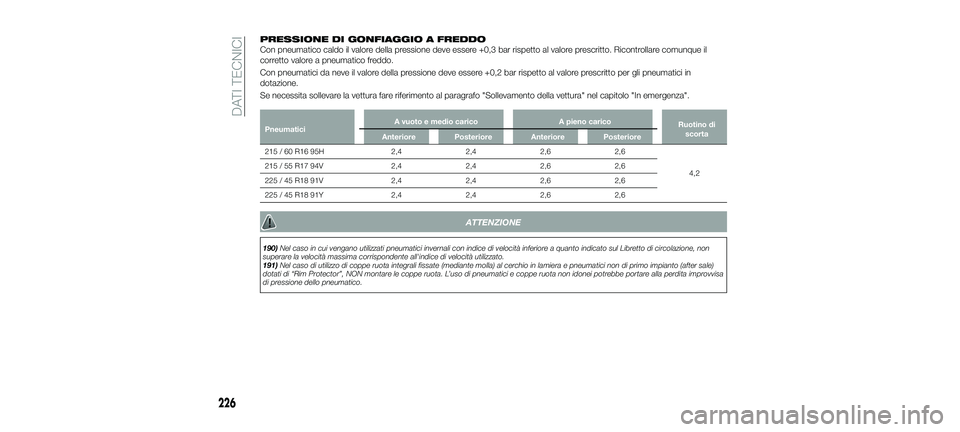 FIAT 500X 2018 Libretto Uso Manutenzione (in Italian) PRESSIONE DI GONFIAGGIO A FREDDO
Con pneumatico caldo il valore della pressione deve essere +0,3 bar rispetto al valore prescritto. Ricontrollare comunque il
corretto valore a pneumatico freddo.
Con p FIAT 500X 2018 Libretto Uso Manutenzione (in Italian) PRESSIONE DI GONFIAGGIO A FREDDO
Con pneumatico caldo il valore della pressione deve essere +0,3 bar rispetto al valore prescritto. Ricontrollare comunque il
corretto valore a pneumatico freddo.
Con p
