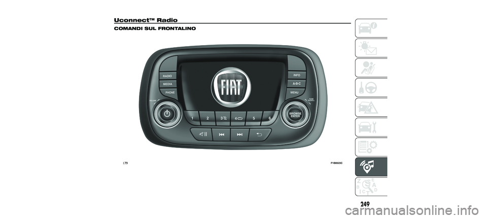 FIAT 500X 2018 Libretto Uso Manutenzione (in Italian) Uconnect™ Radio
COMANDI SUL FRONTALINO
179F1B0623C
249
23-10-2017 5:52 Pagina 249 FIAT 500X 2018 Libretto Uso Manutenzione (in Italian) Uconnect™ Radio
COMANDI SUL FRONTALINO
179F1B0623C
249
23-10-2017 5:52 Pagina 249