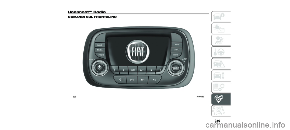 FIAT 500X 2018  Libretto Uso Manutenzione (in Italian) Uconnect™ Radio
COMANDI SUL FRONTALINO
179F1B0623C
249
23-10-2017 5:52 Pagina 249 