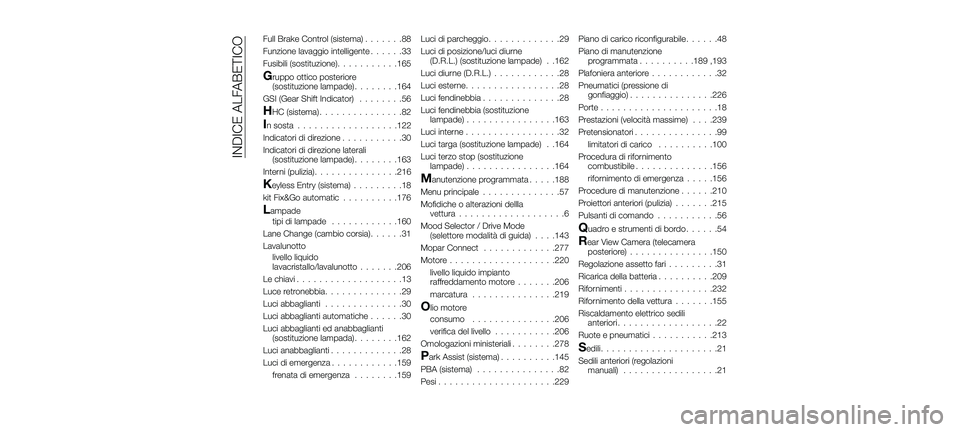 FIAT 500X 2018  Libretto Uso Manutenzione (in Italian) Full Brake Control (sistema).......88
Funzione lavaggio intelligente ......33
Fusibili (sostituzione)...........165
Gruppo ottico posteriore (sostituzione lampade) ........164
GSI (Gear Shift Indicato