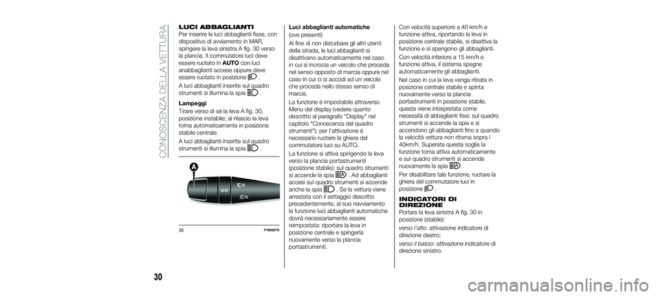 FIAT 500X 2018 Libretto Uso Manutenzione (in Italian) LUCI ABBAGLIANTI
Per inserire le luci abbaglianti fisse, con
dispositivo di avviamento in MAR,
spingere la leva sinistra A fig. 30 verso
la plancia. Il commutatore luci deve
essere ruotato inAUTOcon l FIAT 500X 2018 Libretto Uso Manutenzione (in Italian) LUCI ABBAGLIANTI
Per inserire le luci abbaglianti fisse, con
dispositivo di avviamento in MAR,
spingere la leva sinistra A fig. 30 verso
la plancia. Il commutatore luci deve
essere ruotato inAUTOcon l