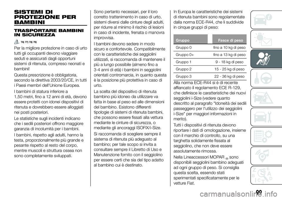 FIAT 500X 2019 Libretto Uso Manutenzione (in Italian) SISTEMI DI
PROTEZIONE PER
BAMBINI
TRASPORTARE BAMBINI
IN SICUREZZA
76) 77) 78) 79)
Per la migliore protezione in caso di urto
tutti gli occupanti devono viaggiare
seduti e assicurati dagli opportuni
s FIAT 500X 2019 Libretto Uso Manutenzione (in Italian) SISTEMI DI
PROTEZIONE PER
BAMBINI
TRASPORTARE BAMBINI
IN SICUREZZA
76) 77) 78) 79)
Per la migliore protezione in caso di urto
tutti gli occupanti devono viaggiare
seduti e assicurati dagli opportuni
s