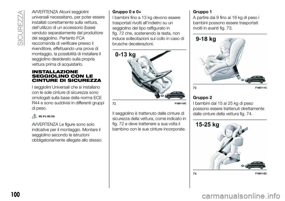 FIAT 500X 2019 Libretto Uso Manutenzione (in Italian) AVVERTENZA Alcuni seggiolini
universali necessitano, per poter essere
installati correttamente sulla vettura,
dell'utilizzo di un accessorio (base)
venduto separatamente dal produttore
del seggiol FIAT 500X 2019 Libretto Uso Manutenzione (in Italian) AVVERTENZA Alcuni seggiolini
universali necessitano, per poter essere
installati correttamente sulla vettura,
dell'utilizzo di un accessorio (base)
venduto separatamente dal produttore
del seggiol