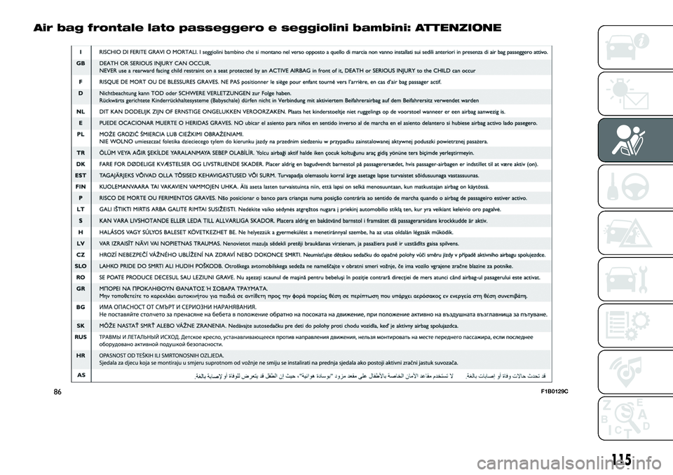 FIAT 500X 2019 Libretto Uso Manutenzione (in Italian) Air bag frontale lato passeggero e seggiolini bambini: ATTENZIONE
86F1B0129C
115 FIAT 500X 2019 Libretto Uso Manutenzione (in Italian) Air bag frontale lato passeggero e seggiolini bambini: ATTENZIONE
86F1B0129C
115