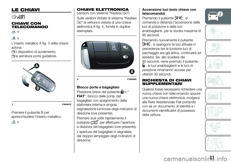 FIAT 500X 2019 Libretto Uso Manutenzione (in Italian) LE CHIAVI
CHIAVE CON
TELECOMANDO
1)
1)
L’inserto metallico A fig. 3 della chiave
aziona:
il dispositivo di avviamento;
la serratura porta guidatore.
Premere il pulsante B per
aprire/chiudere l’ins FIAT 500X 2019 Libretto Uso Manutenzione (in Italian) LE CHIAVI
CHIAVE CON
TELECOMANDO
1)
1)
L’inserto metallico A fig. 3 della chiave
aziona:
il dispositivo di avviamento;
la serratura porta guidatore.
Premere il pulsante B per
aprire/chiudere l’ins