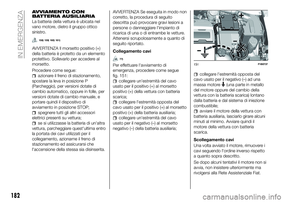 FIAT 500X 2019  Libretto Uso Manutenzione (in Italian) AVVIAMENTO CON
BATTERIA AUSILIARIA
La batteria della vettura è ubicata nel
vano motore, dietro il gruppo ottico
sinistro.
158) 159) 160) 161)
AVVERTENZA Il morsetto positivo (+)
della batteria è pro