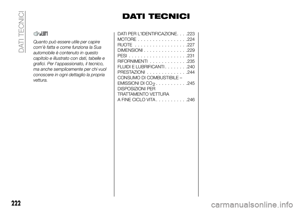 FIAT 500X 2019 Libretto Uso Manutenzione (in Italian) DATI TECNICI
Quanto può essere utile per capire
com'è fatta e come funziona la Sua
automobile è contenuto in questo
capitolo e illustrato con dati, tabelle e
grafici. Per l'appassionato, il FIAT 500X 2019 Libretto Uso Manutenzione (in Italian) DATI TECNICI
Quanto può essere utile per capire
com'è fatta e come funziona la Sua
automobile è contenuto in questo
capitolo e illustrato con dati, tabelle e
grafici. Per l'appassionato, il