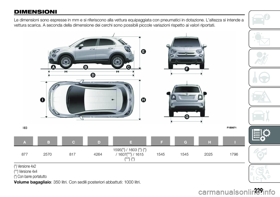 FIAT 500X 2019  Libretto Uso Manutenzione (in Italian) DIMENSIONI
Le dimensioni sono espresse in mm e si riferiscono alla vettura equipaggiata con pneumatici in dotazione. L'altezza si intende a
vettura scarica. A seconda della dimensione dei cerchi s