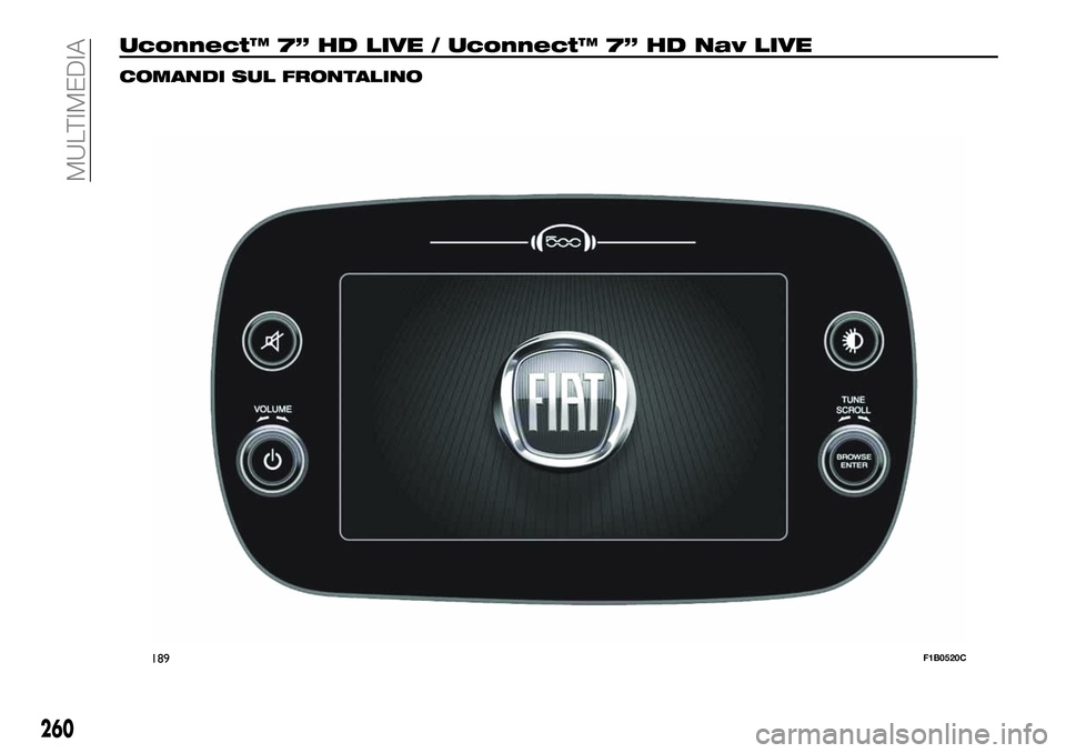 FIAT 500X 2019 Libretto Uso Manutenzione (in Italian) Uconnect™ 7” HD LIVE / Uconnect™ 7” HD Nav LIVE
COMANDI SUL FRONTALINO
189F1B0520C
260
MULTIMEDIA FIAT 500X 2019 Libretto Uso Manutenzione (in Italian) Uconnect™ 7” HD LIVE / Uconnect™ 7” HD Nav LIVE
COMANDI SUL FRONTALINO
189F1B0520C
260
MULTIMEDIA