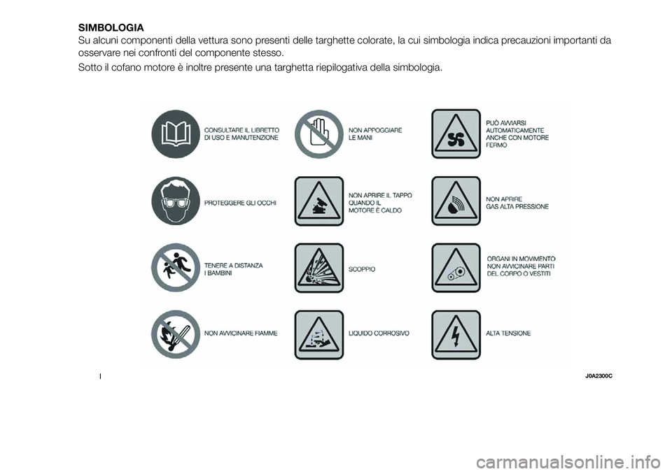 FIAT 500X 2019  Libretto Uso Manutenzione (in Italian) SIMBOLOGIA
Su alcuni componenti della vettura sono presenti delle targhette colorate, la cui simbologia indica precauzioni importanti da
osservare nei confronti del componente stesso.
Sotto il cofano 