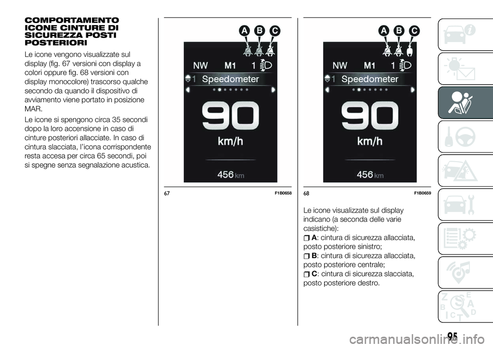 FIAT 500X 2019 Libretto Uso Manutenzione (in Italian) COMPORTAMENTO
ICONE CINTURE DI
SICUREZZA POSTI
POSTERIORI
Le icone vengono visualizzate sul
display (fig. 67 versioni con display a
colori oppure fig. 68 versioni con
display monocolore) trascorso qua FIAT 500X 2019 Libretto Uso Manutenzione (in Italian) COMPORTAMENTO
ICONE CINTURE DI
SICUREZZA POSTI
POSTERIORI
Le icone vengono visualizzate sul
display (fig. 67 versioni con display a
colori oppure fig. 68 versioni con
display monocolore) trascorso qua