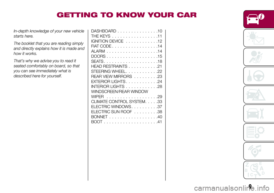 FIAT 500X 2017 Owner handbook (in English) GETTING TO KNOW YOUR CAR
In-depth knowledge of your new vehicle
starts here.
The booklet that you are reading simply
and directly explains how it is made and
how it works.
That’s why we advise you t FIAT 500X 2017 Owner handbook (in English) GETTING TO KNOW YOUR CAR
In-depth knowledge of your new vehicle
starts here.
The booklet that you are reading simply
and directly explains how it is made and
how it works.
That’s why we advise you t