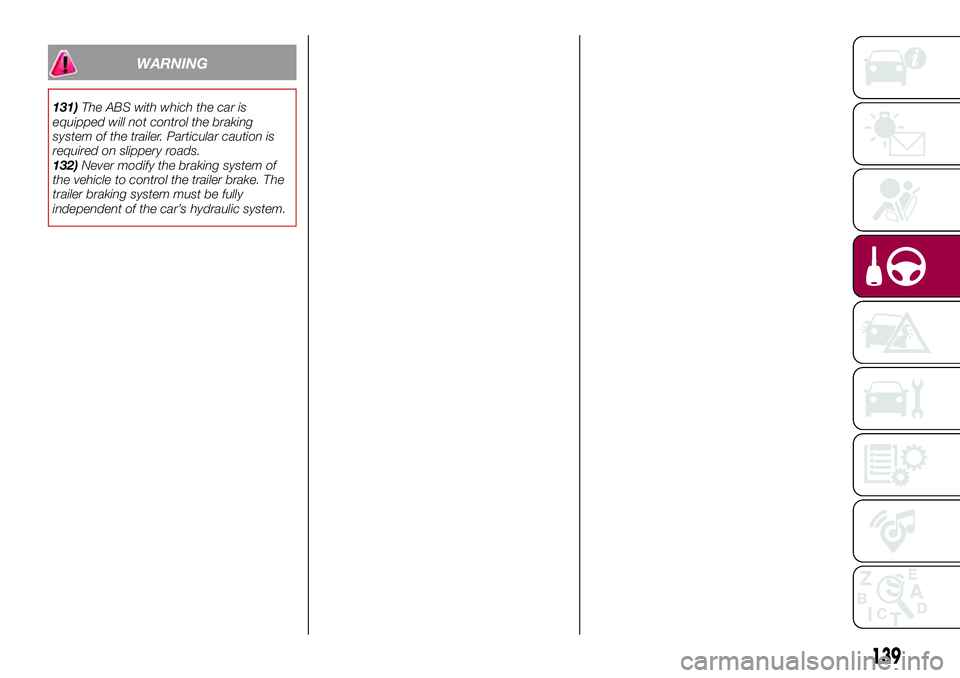 FIAT 500X 2017  Owner handbook (in English) WARNING
131)The ABS with which the car is
equipped will not control the braking
system of the trailer. Particular caution is
required on slippery roads.
132)Never modify the braking system of
the vehi