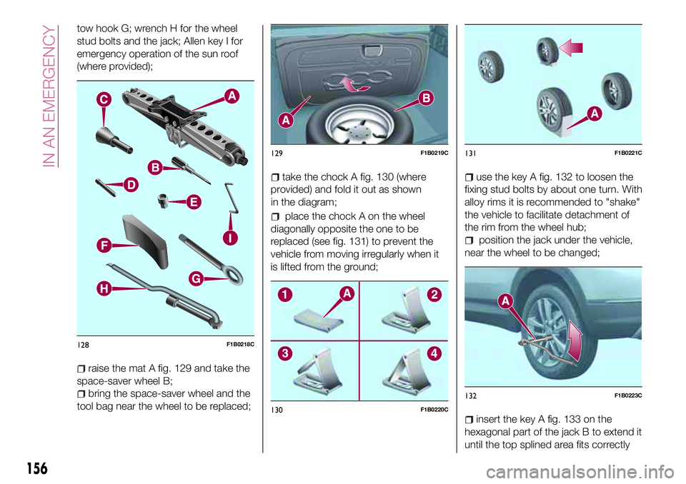 FIAT 500X 2017  Owner handbook (in English) tow hook G; wrench H for the wheel
stud bolts and the jack; Allen key I for
emergency operation of the sun roof
(where provided);
raise the mat A fig. 129 and take the
space-saver wheel B;
bring the s