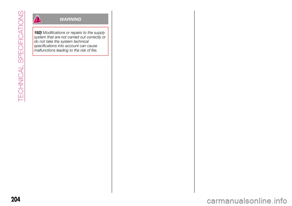 FIAT 500X 2017  Owner handbook (in English) WARNING
192)Modifications or repairs to the supply
system that are not carried out correctly or
do not take the system technical
specifications into account can cause
malfunctions leading to the risk 