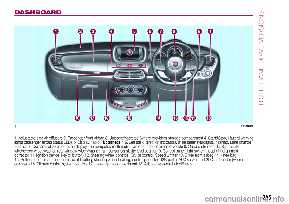 FIAT 500X 2017 Owner handbook (in English) DASHBOARD
1. Adjustable side air diffusers 2. Passenger front airbag 3. Upperrefrigerated(where provided) storage compartment 4. Start&Stop, Hazard warning
lights passengerairbag status LEDs 5. Displa FIAT 500X 2017 Owner handbook (in English) DASHBOARD
1. Adjustable side air diffusers 2. Passenger front airbag 3. Upperrefrigerated(where provided) storage compartment 4. Start&Stop, Hazard warning
lights passengerairbag status LEDs 5. Displa