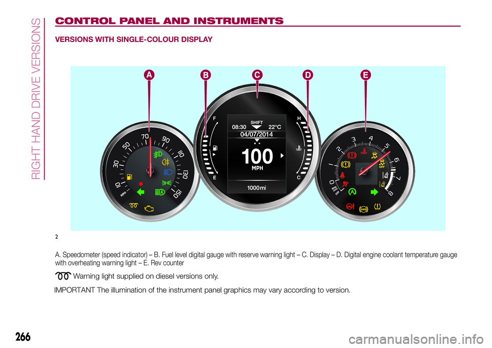 FIAT 500X 2017 Owner handbook (in English) CONTROL PANEL AND INSTRUMENTS
VERSIONS WITH SINGLE-COLOUR DISPLAY
A. Speedometer (speed indicator) – B. Fuel level digital gauge with reserve warning light – C. Display – D. Digital engine coola FIAT 500X 2017 Owner handbook (in English) CONTROL PANEL AND INSTRUMENTS
VERSIONS WITH SINGLE-COLOUR DISPLAY
A. Speedometer (speed indicator) – B. Fuel level digital gauge with reserve warning light – C. Display – D. Digital engine coola