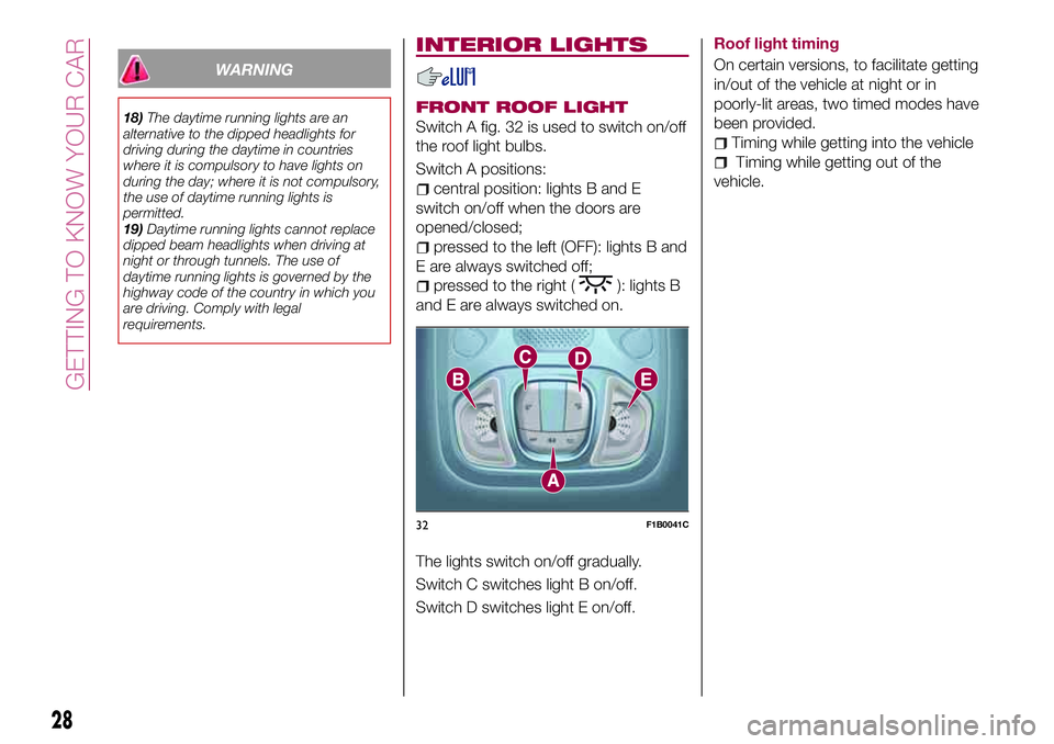 FIAT 500X 2017 Owner handbook (in English) WARNING
18)The daytime running lights are an
alternative to the dipped headlights for
driving during the daytime in countries
where it is compulsory to have lights on
during the day; where it is not c FIAT 500X 2017 Owner handbook (in English) WARNING
18)The daytime running lights are an
alternative to the dipped headlights for
driving during the daytime in countries
where it is compulsory to have lights on
during the day; where it is not c