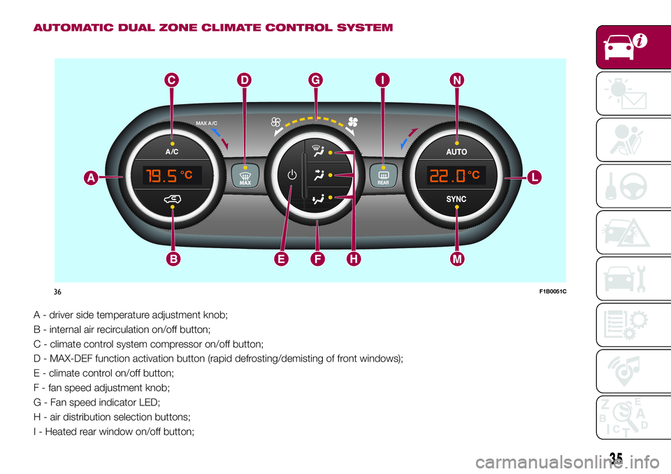 FIAT 500X 2017 Owner handbook (in English) AUTOMATIC DUAL ZONE CLIMATE CONTROL SYSTEM
A - driver side temperature adjustment knob;
B - internal air recirculation on/off button;
C - climate control system compressor on/off button;
D - MAX-DEF f FIAT 500X 2017 Owner handbook (in English) AUTOMATIC DUAL ZONE CLIMATE CONTROL SYSTEM
A - driver side temperature adjustment knob;
B - internal air recirculation on/off button;
C - climate control system compressor on/off button;
D - MAX-DEF f