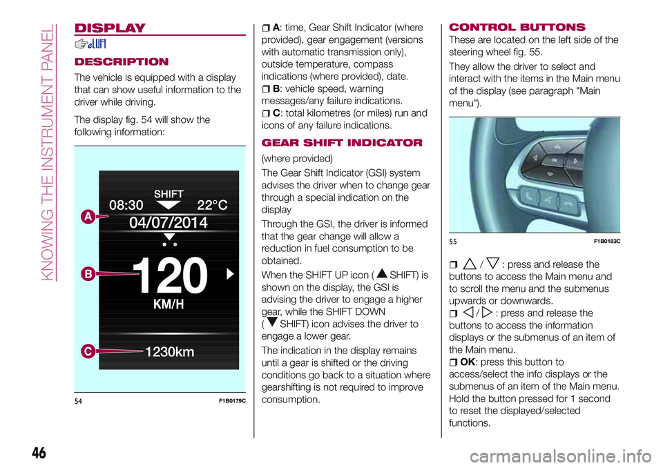 FIAT 500X 2017 Owner handbook (in English) DISPLAY
DESCRIPTION
The vehicle is equipped with a display
that can show useful information to the
driver while driving.
The display fig. 54 will show the
following information:
A: time, Gear Shift In FIAT 500X 2017 Owner handbook (in English) DISPLAY
DESCRIPTION
The vehicle is equipped with a display
that can show useful information to the
driver while driving.
The display fig. 54 will show the
following information:
A: time, Gear Shift In