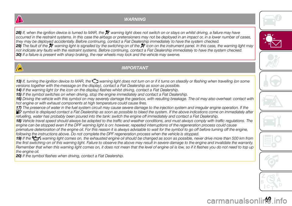 FIAT 500X 2017  Owner handbook (in English) WARNING
28)If, when the ignition device is turned to MAR, thewarning light does not switch on or stays on whilst driving, a failure may have
occurred in the restraint systems. In this case the airbags