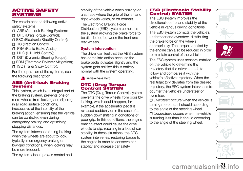 FIAT 500X 2017 Owner handbook (in English) ACTIVE SAFETY
SYSTEMS
The vehicle has the following active
safety systems:
ABS (Anti-lock Braking System);
DTC (Drag Torque Control);
ESC (Electronic Stability Control);
TC (Traction Control);
PBA (Pa FIAT 500X 2017 Owner handbook (in English) ACTIVE SAFETY
SYSTEMS
The vehicle has the following active
safety systems:
ABS (Anti-lock Braking System);
DTC (Drag Torque Control);
ESC (Electronic Stability Control);
TC (Traction Control);
PBA (Pa