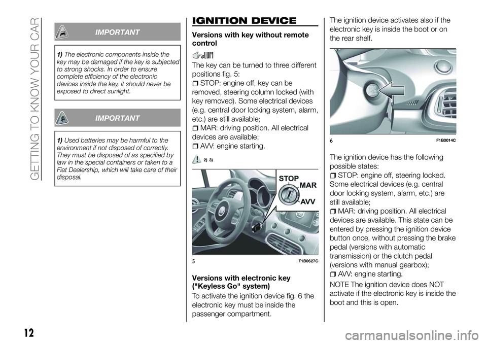 FIAT 500X 2018  Owner handbook (in English) IMPORTANT
1)The electronic components inside the
key may be damaged if the key is subjected
to strong shocks. In order to ensure
complete efficiency of the electronic
devices inside the key, it should