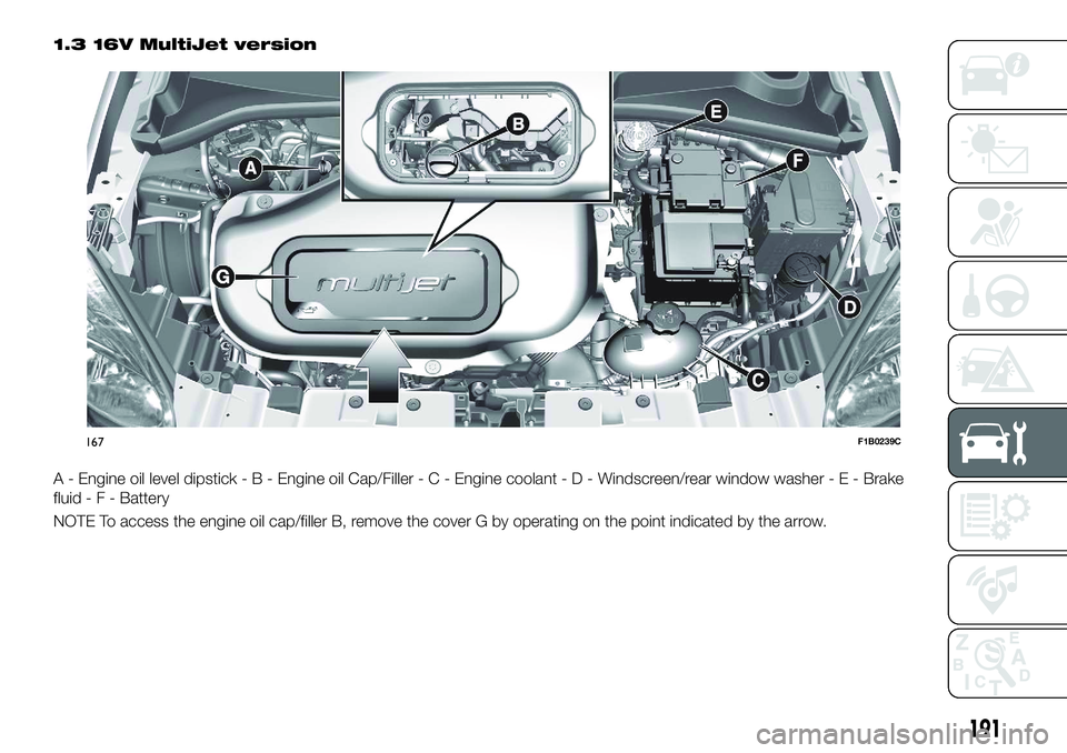 FIAT 500X 2018  Owner handbook (in English) 1.3 16V MultiJet version
A - Engine oil level dipstick-B-Engine oil Cap/Filler-C-Engine coolant-D-Windscreen/rear window washer - E - Brake
fluid-F-Battery
NOTE To access the engine oil cap/filler B, 