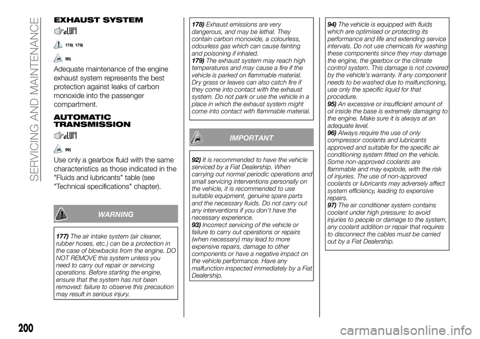 FIAT 500X 2018 Owner handbook (in English) EXHAUST SYSTEM
178) 179)
98)
Adequate maintenance of the engine
exhaust system represents the best
protection against leaks of carbon
monoxide into the passenger
compartment.
AUTOMATIC
TRANSMISSION
99 FIAT 500X 2018 Owner handbook (in English) EXHAUST SYSTEM
178) 179)
98)
Adequate maintenance of the engine
exhaust system represents the best
protection against leaks of carbon
monoxide into the passenger
compartment.
AUTOMATIC
TRANSMISSION
99