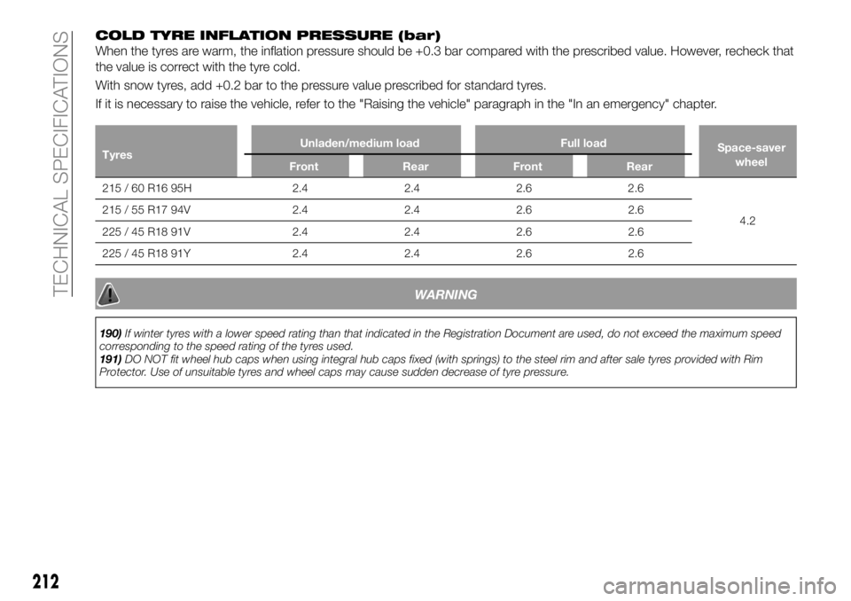 FIAT 500X 2018 Owner handbook (in English) COLD TYRE INFLATION PRESSURE (bar)
When the tyres are warm, the inflation pressure should be +0.3 bar compared with the prescribed value. However, recheck that
the value is correct with the tyre cold. FIAT 500X 2018 Owner handbook (in English) COLD TYRE INFLATION PRESSURE (bar)
When the tyres are warm, the inflation pressure should be +0.3 bar compared with the prescribed value. However, recheck that
the value is correct with the tyre cold.