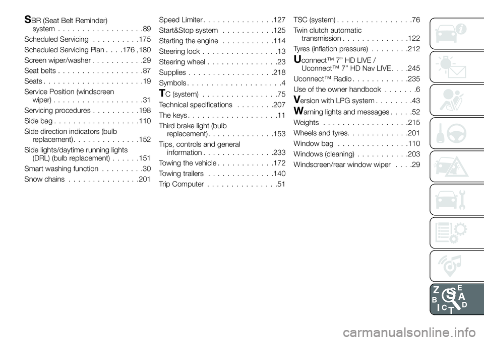 FIAT 500X 2018  Owner handbook (in English) SBR (Seat Belt Reminder)system ..................89
Scheduled Servicing ..........175
Scheduled Servicing Plan . . . .176 ,180
Screen wiper/washer ...........29
Seat belts ..................87
Seats .