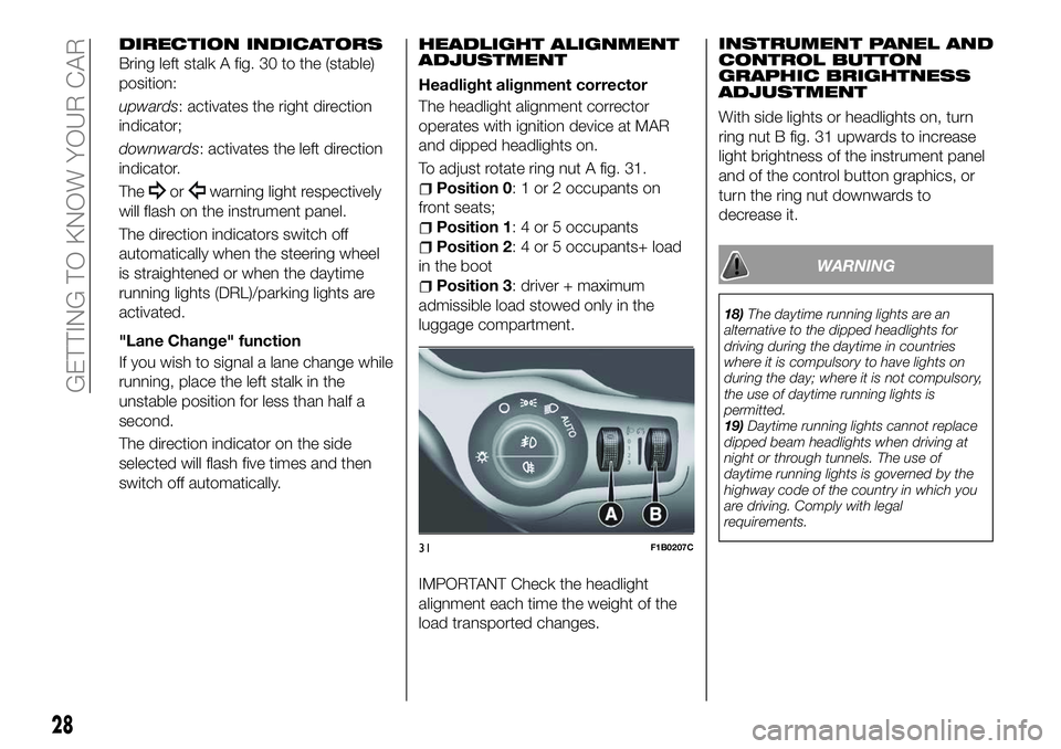 FIAT 500X 2018 Owner handbook (in English) DIRECTION INDICATORS
Bring left stalk A fig. 30 to the (stable)
position:
upwards: activates the right direction
indicator;
downwards: activates the left direction
indicator.
The
orwarning light respe FIAT 500X 2018 Owner handbook (in English) DIRECTION INDICATORS
Bring left stalk A fig. 30 to the (stable)
position:
upwards: activates the right direction
indicator;
downwards: activates the left direction
indicator.
The
orwarning light respe