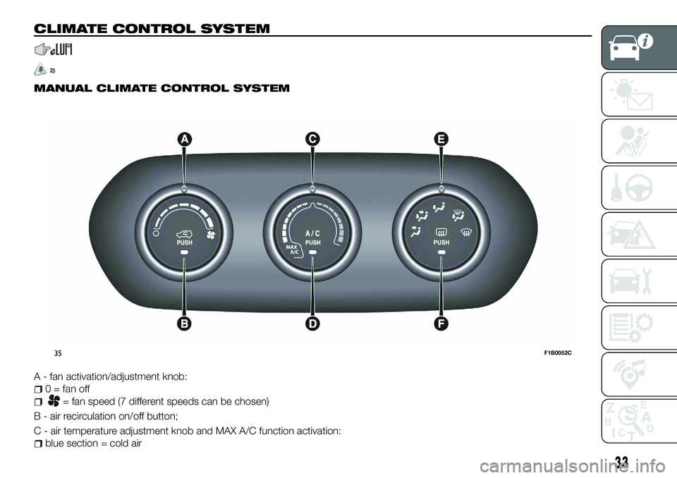 FIAT 500X 2018 Owner handbook (in English) CLIMATE CONTROL SYSTEM
2)
MANUAL CLIMATE CONTROL SYSTEM
A - fan activation/adjustment knob:
0 = fan off
= fan speed (7 different speeds can be chosen)
B - air recirculation on/off button;
C - air temp FIAT 500X 2018 Owner handbook (in English) CLIMATE CONTROL SYSTEM
2)
MANUAL CLIMATE CONTROL SYSTEM
A - fan activation/adjustment knob:
0 = fan off
= fan speed (7 different speeds can be chosen)
B - air recirculation on/off button;
C - air temp