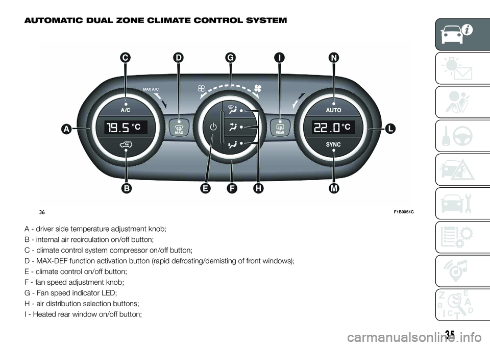 FIAT 500X 2018 Owner handbook (in English) AUTOMATIC DUAL ZONE CLIMATE CONTROL SYSTEM
A - driver side temperature adjustment knob;
B - internal air recirculation on/off button;
C - climate control system compressor on/off button;
D - MAX-DEF f FIAT 500X 2018 Owner handbook (in English) AUTOMATIC DUAL ZONE CLIMATE CONTROL SYSTEM
A - driver side temperature adjustment knob;
B - internal air recirculation on/off button;
C - climate control system compressor on/off button;
D - MAX-DEF f