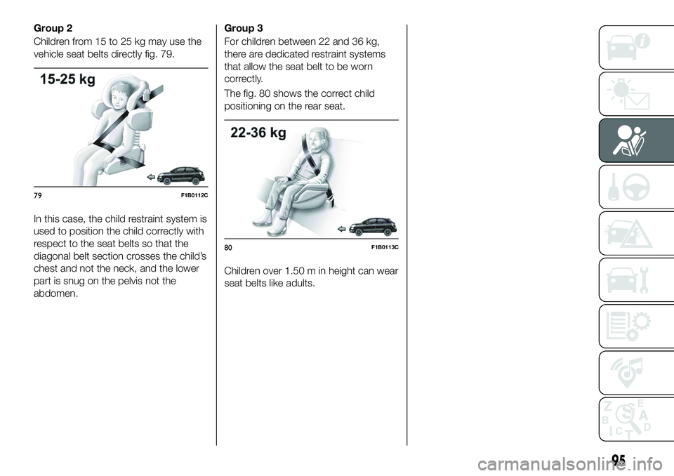 FIAT 500X 2018  Owner handbook (in English) Group 2
Children from 15 to 25 kg may use the
vehicle seat belts directly fig. 79.
In this case, the child restraint system is
used to position the child correctly with
respect to the seat belts so th