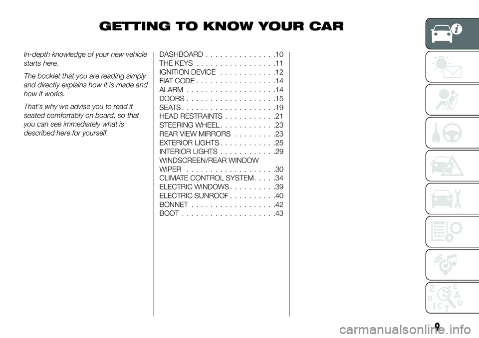 FIAT 500X 2019 Owner handbook (in English) GETTING TO KNOW YOUR CAR
In-depth knowledge of your new vehicle
starts here.
The booklet that you are reading simply
and directly explains how it is made and
how it works.
That’s why we advise you t FIAT 500X 2019 Owner handbook (in English) GETTING TO KNOW YOUR CAR
In-depth knowledge of your new vehicle
starts here.
The booklet that you are reading simply
and directly explains how it is made and
how it works.
That’s why we advise you t