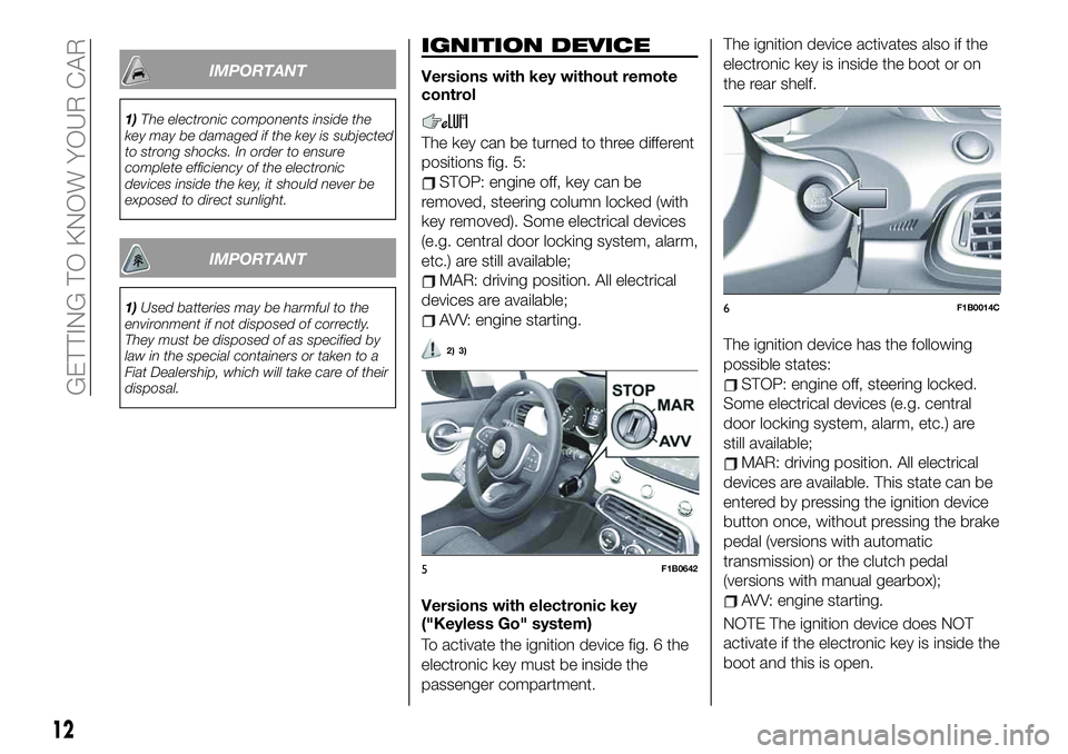 FIAT 500X 2019  Owner handbook (in English) IMPORTANT
1)The electronic components inside the
key may be damaged if the key is subjected
to strong shocks. In order to ensure
complete efficiency of the electronic
devices inside the key, it should