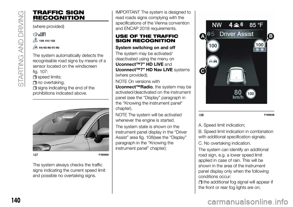 FIAT 500X 2019 Owner handbook (in English) TRAFFIC SIGN
RECOGNITION
(where provided)
130) 131) 132)
64) 65) 66) 67) 68)
The system automatically detects the
recognisable road signs by means of a
sensor located on the windscreen
fig. 107:
speed FIAT 500X 2019 Owner handbook (in English) TRAFFIC SIGN
RECOGNITION
(where provided)
130) 131) 132)
64) 65) 66) 67) 68)
The system automatically detects the
recognisable road signs by means of a
sensor located on the windscreen
fig. 107:
speed