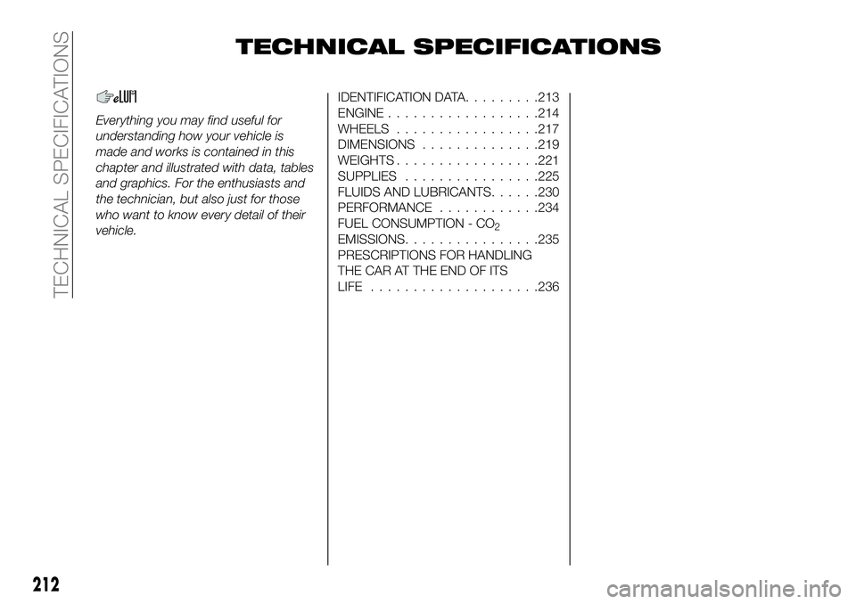 FIAT 500X 2019 Owner handbook (in English) TECHNICAL SPECIFICATIONS
Everything you may find useful for
understanding how your vehicle is
made and works is contained in this
chapter and illustrated with data, tables
and graphics. For the enthus FIAT 500X 2019 Owner handbook (in English) TECHNICAL SPECIFICATIONS
Everything you may find useful for
understanding how your vehicle is
made and works is contained in this
chapter and illustrated with data, tables
and graphics. For the enthus